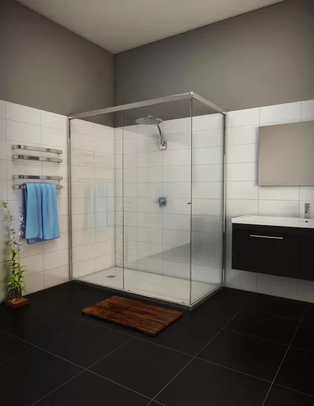 A bathroom with a walk in shower and a sink