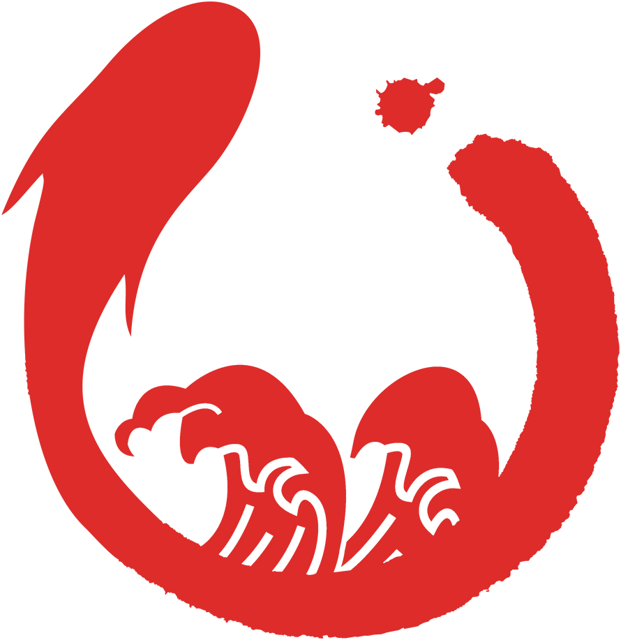 Red circular wave logo with a small red dot above and stylized waves at the bottom