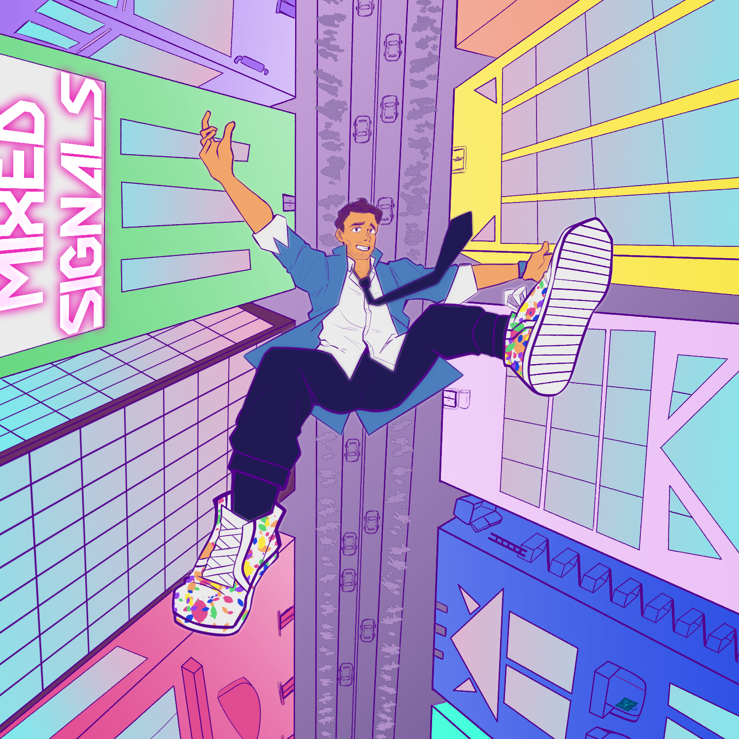 A man in a tie is flying through the air in a city.