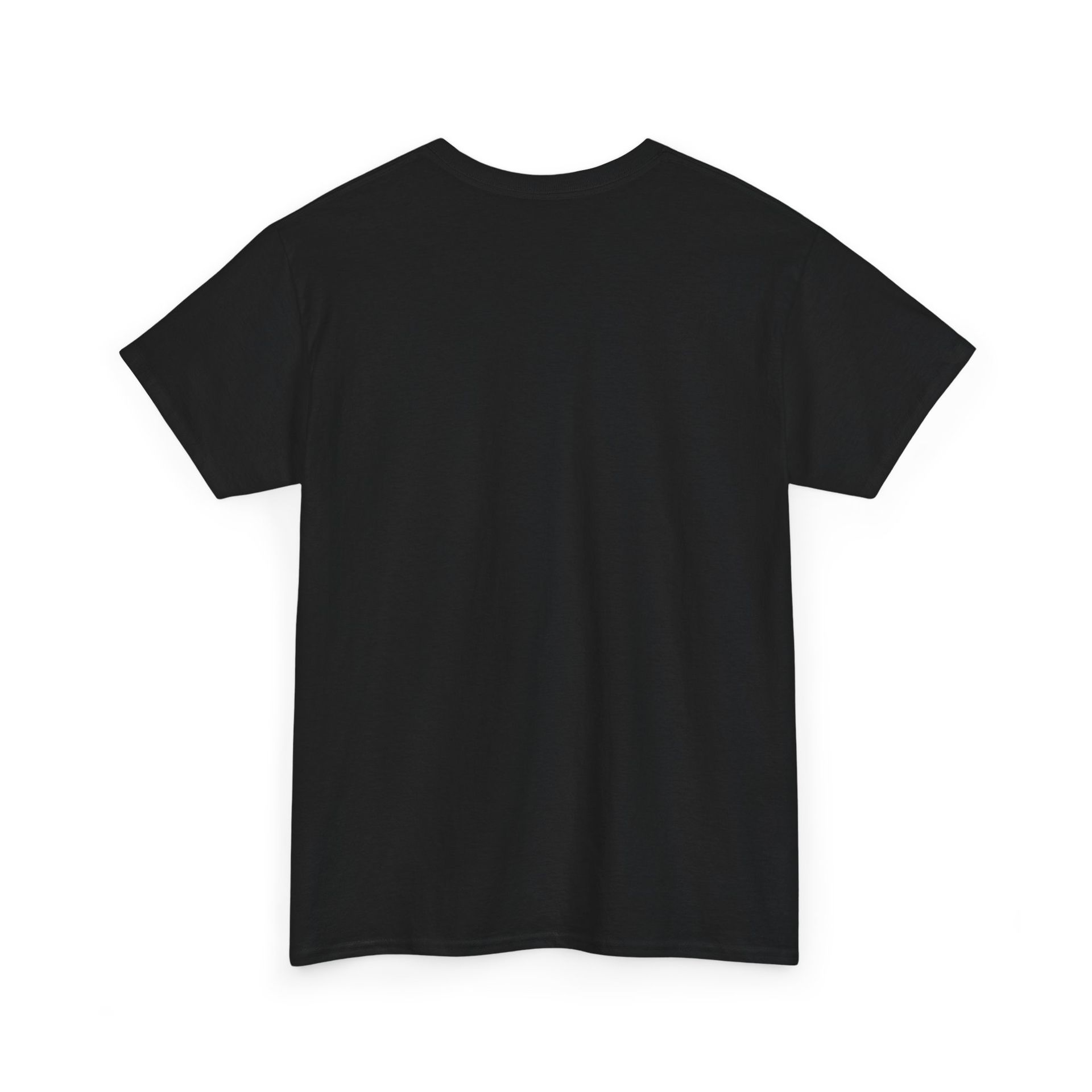 Black t-shirt with white text: 