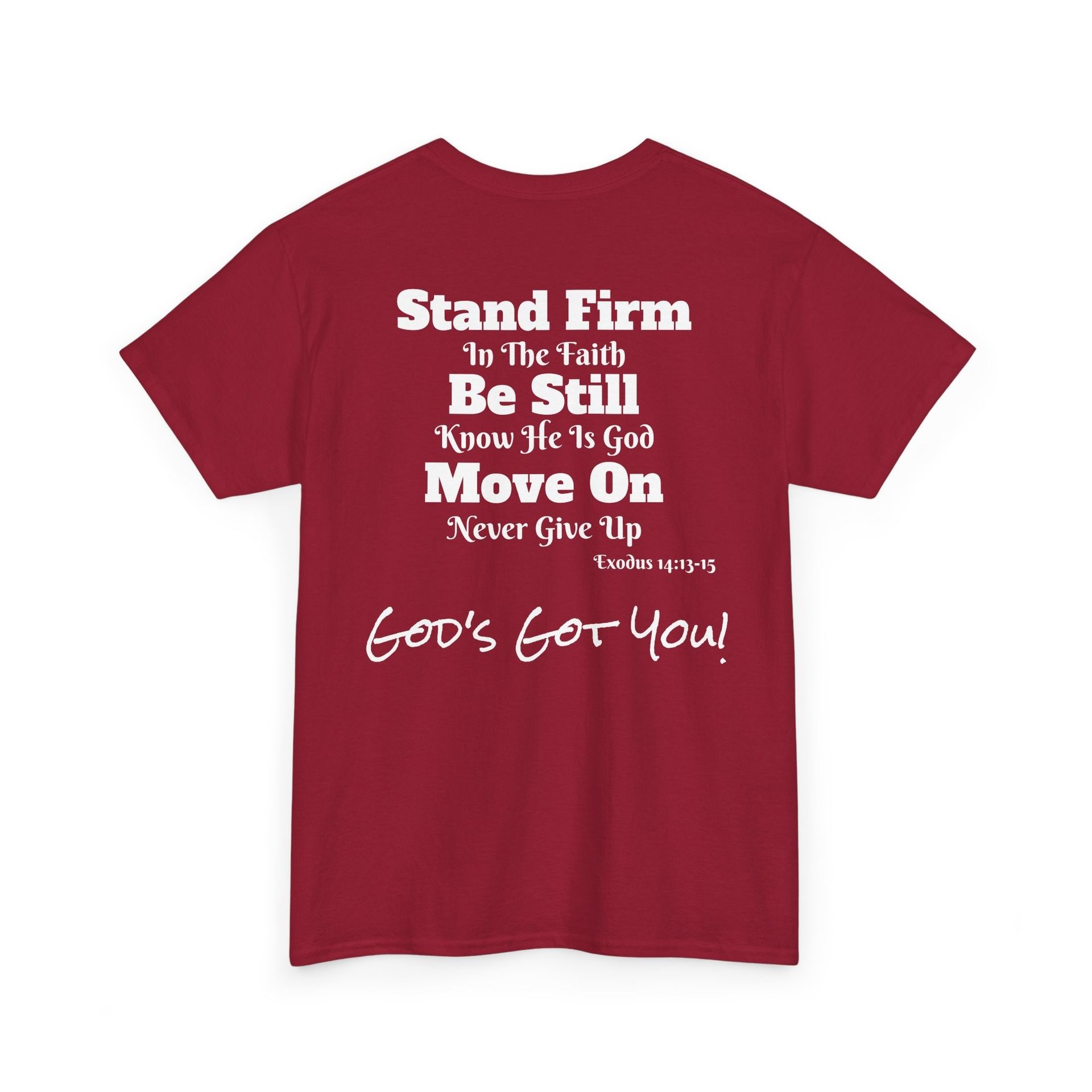 Red t-shirt with a white circular logo on the upper left chest; 