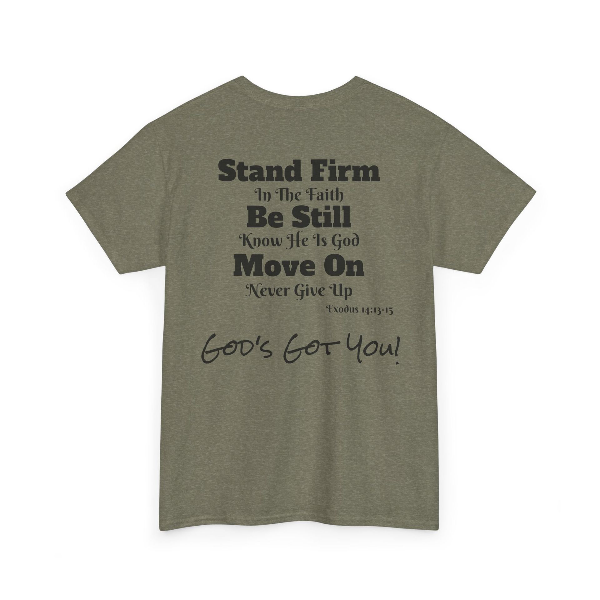 Olive green t-shirt with a small circular logo on the upper back.