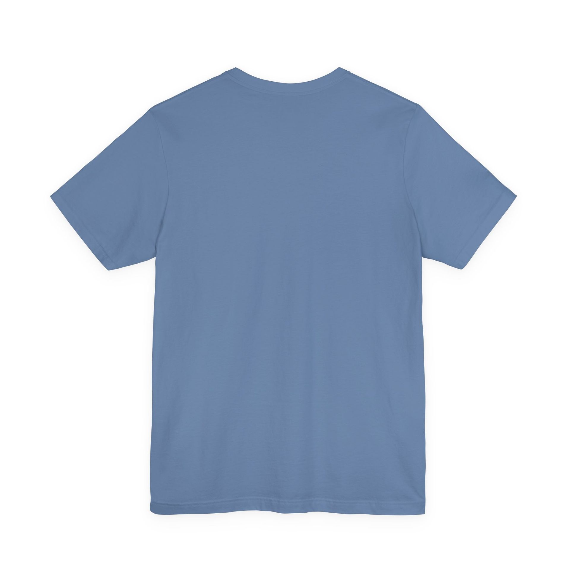 Blue t-shirt with a black circular design: 
