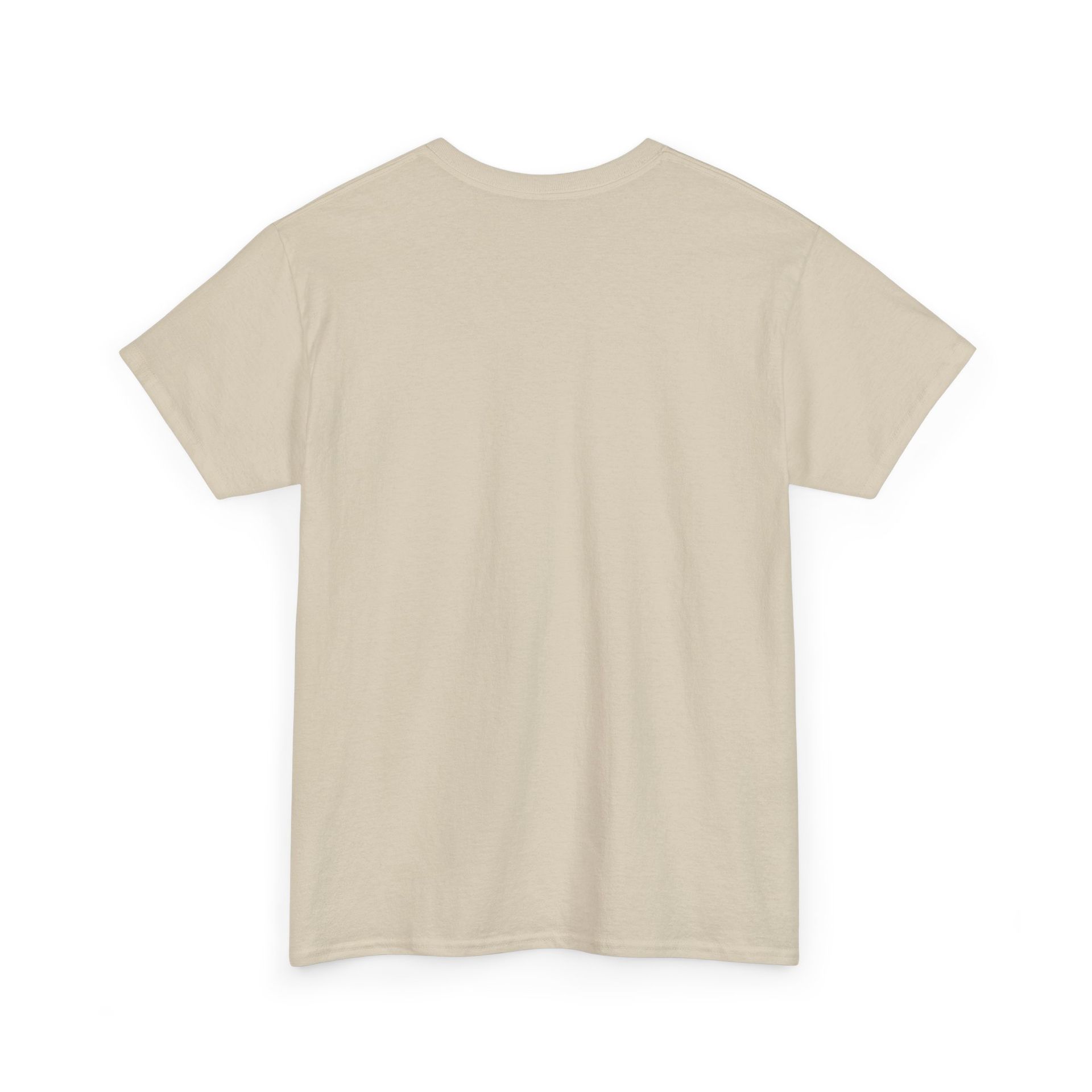 Beige t-shirt with black text: 