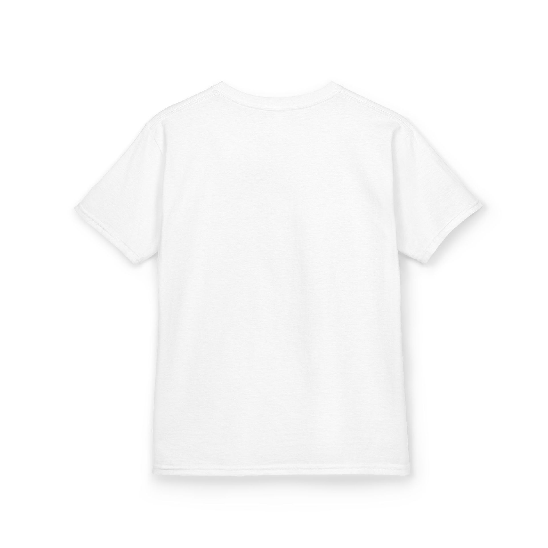 White t-shirt with a centered black and gray cross design. The word 