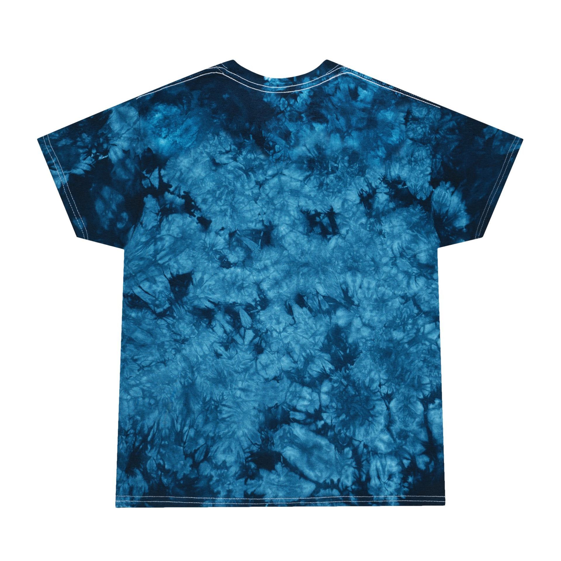 Blue tie-dye t-shirt with a circular text that reads 