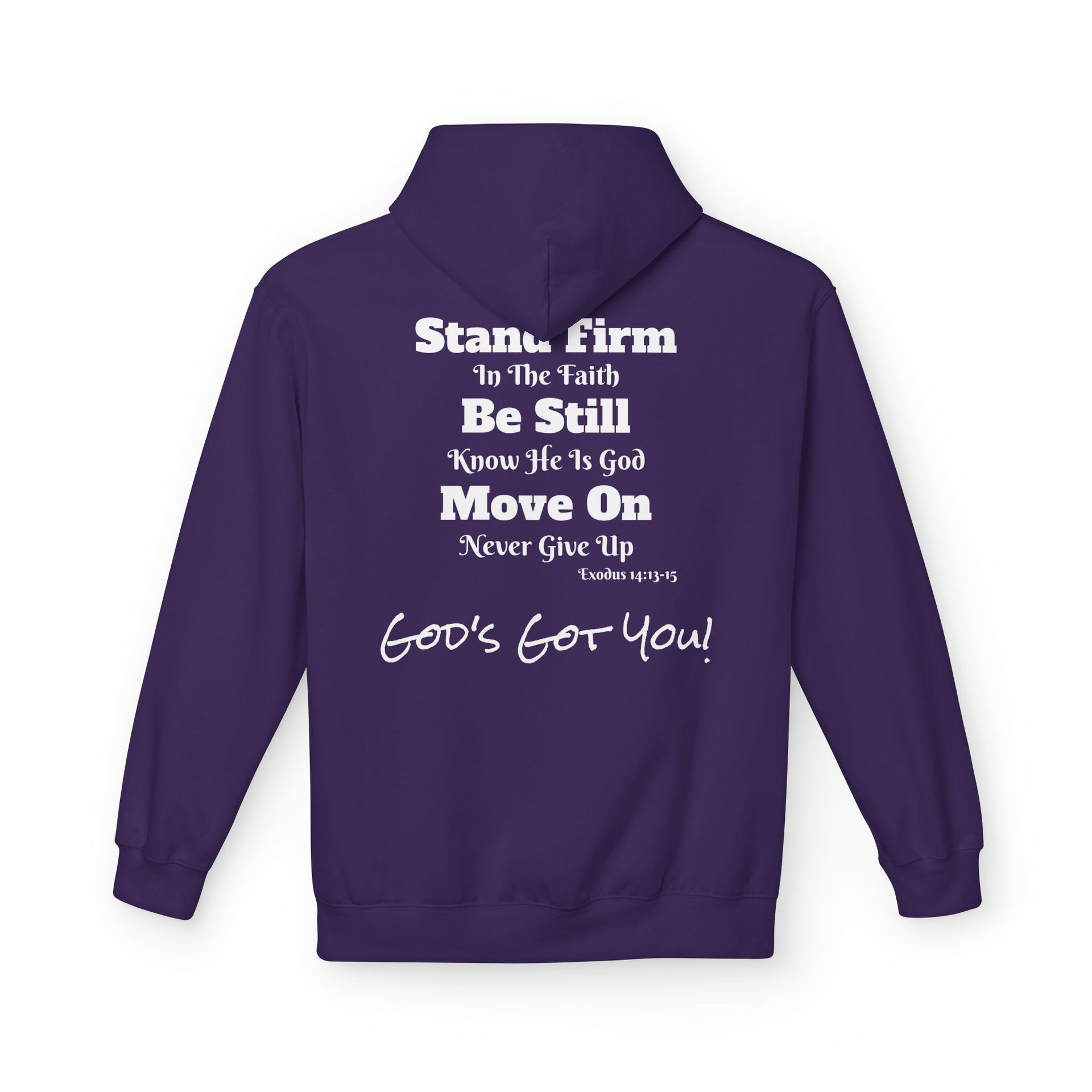 Purple hoodie with a small white circular logo on the left chest, a kangaroo pocket, and a drawstring hood.
