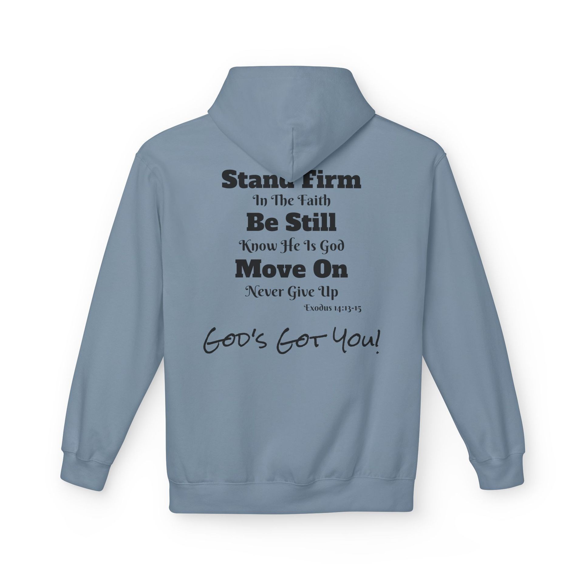 Light blue hoodie with a small circular logo on the chest.