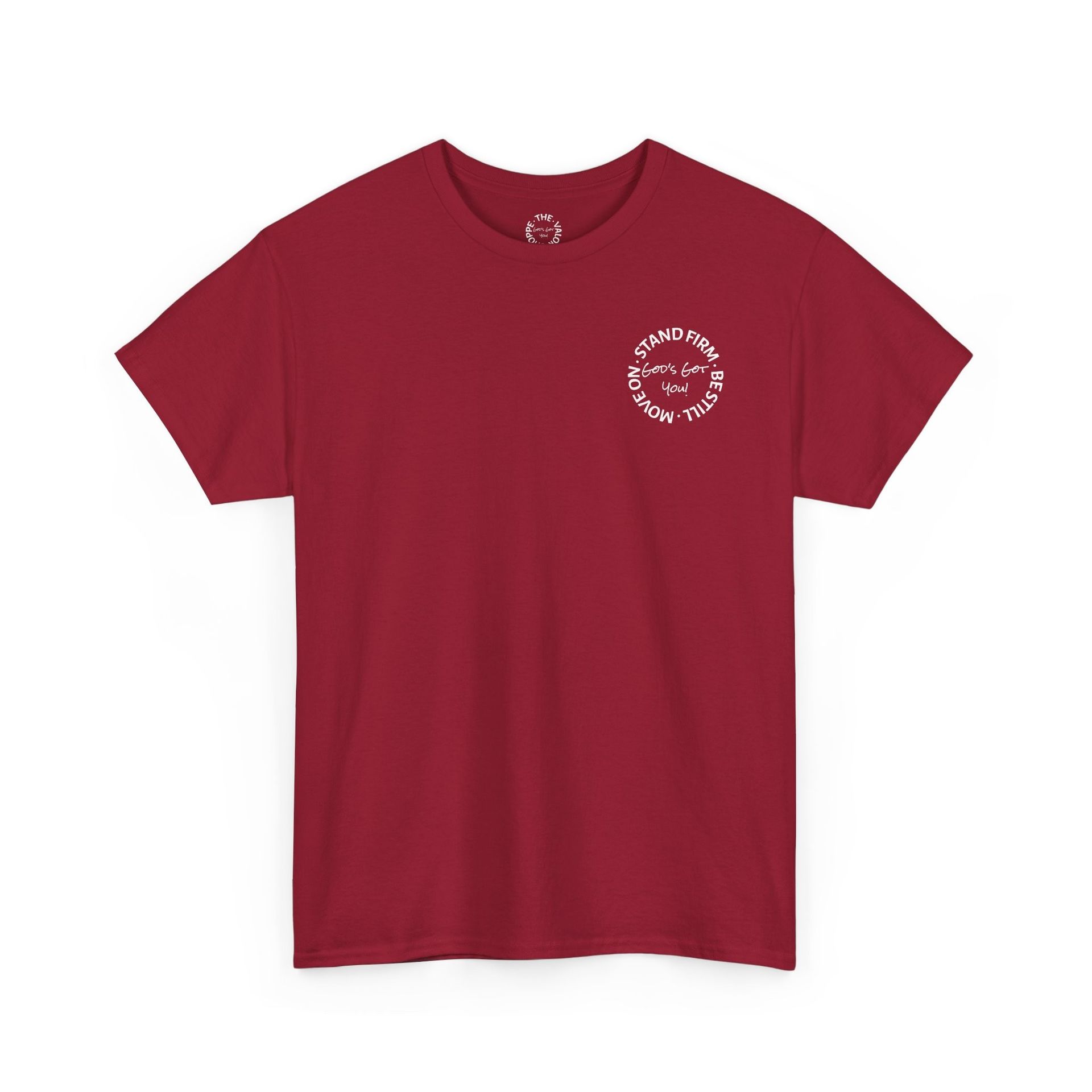 Red t-shirt with a white circular logo on the upper left chest; 