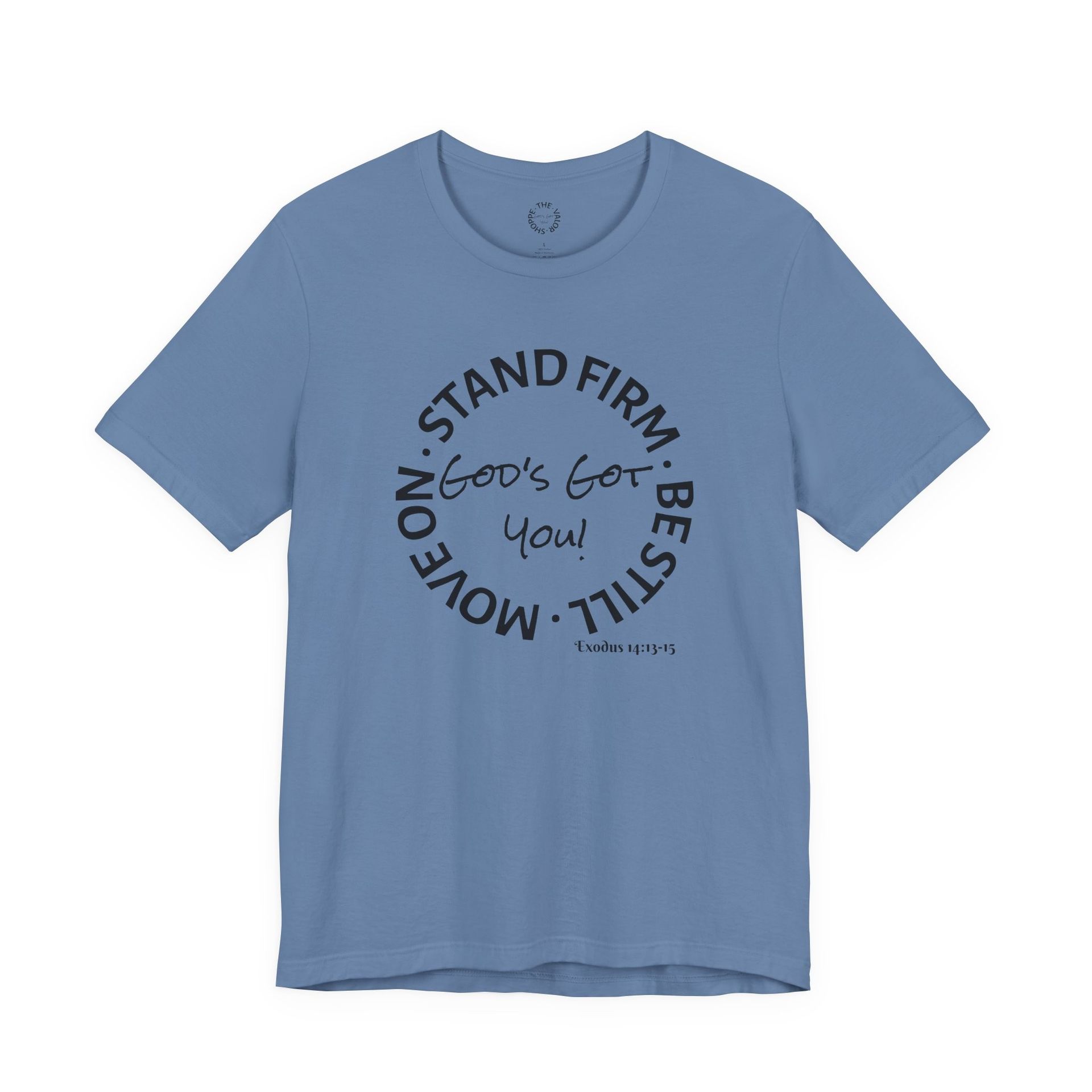 Blue t-shirt with a black circular design: 