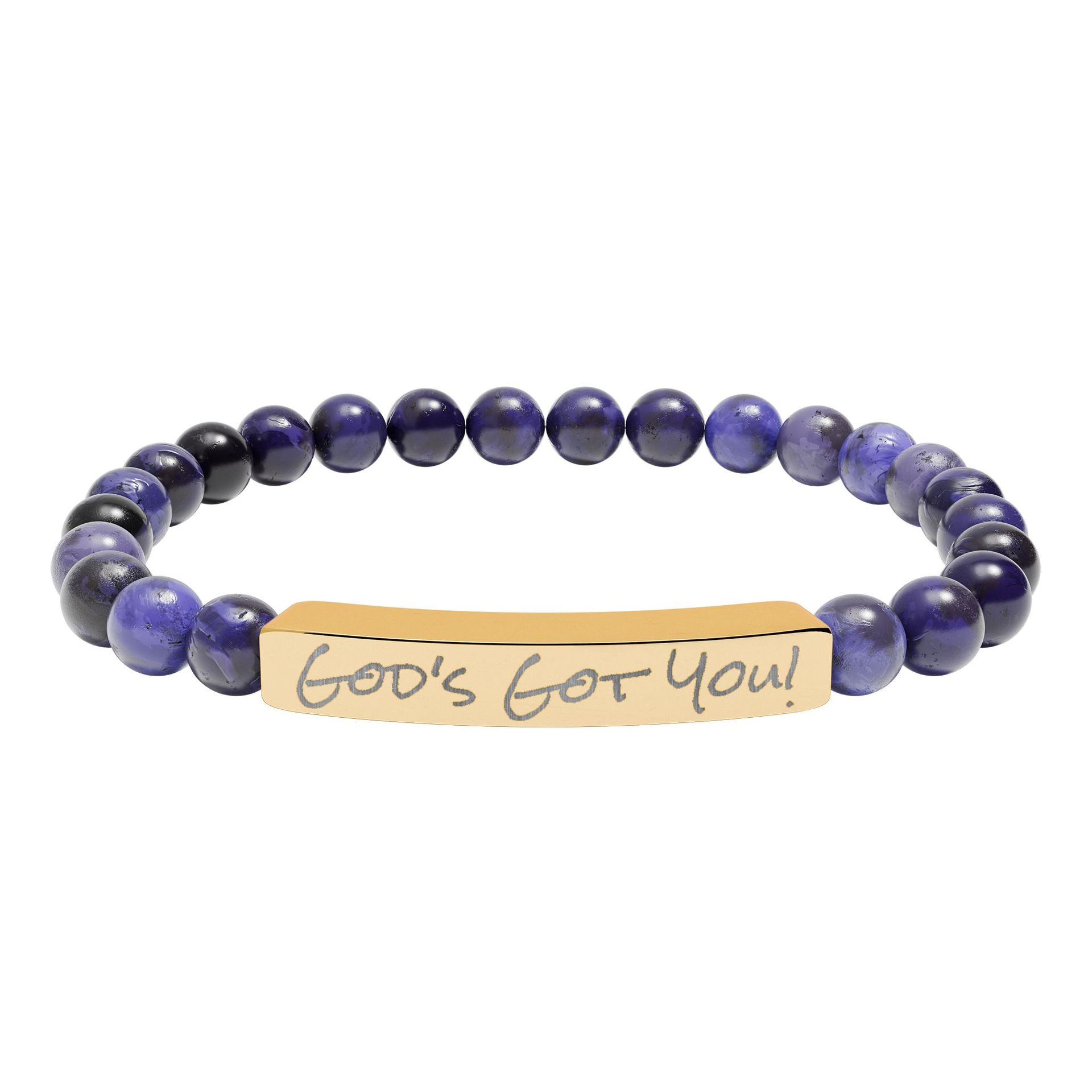 Blue beaded bracelet with gold bar inscribed 