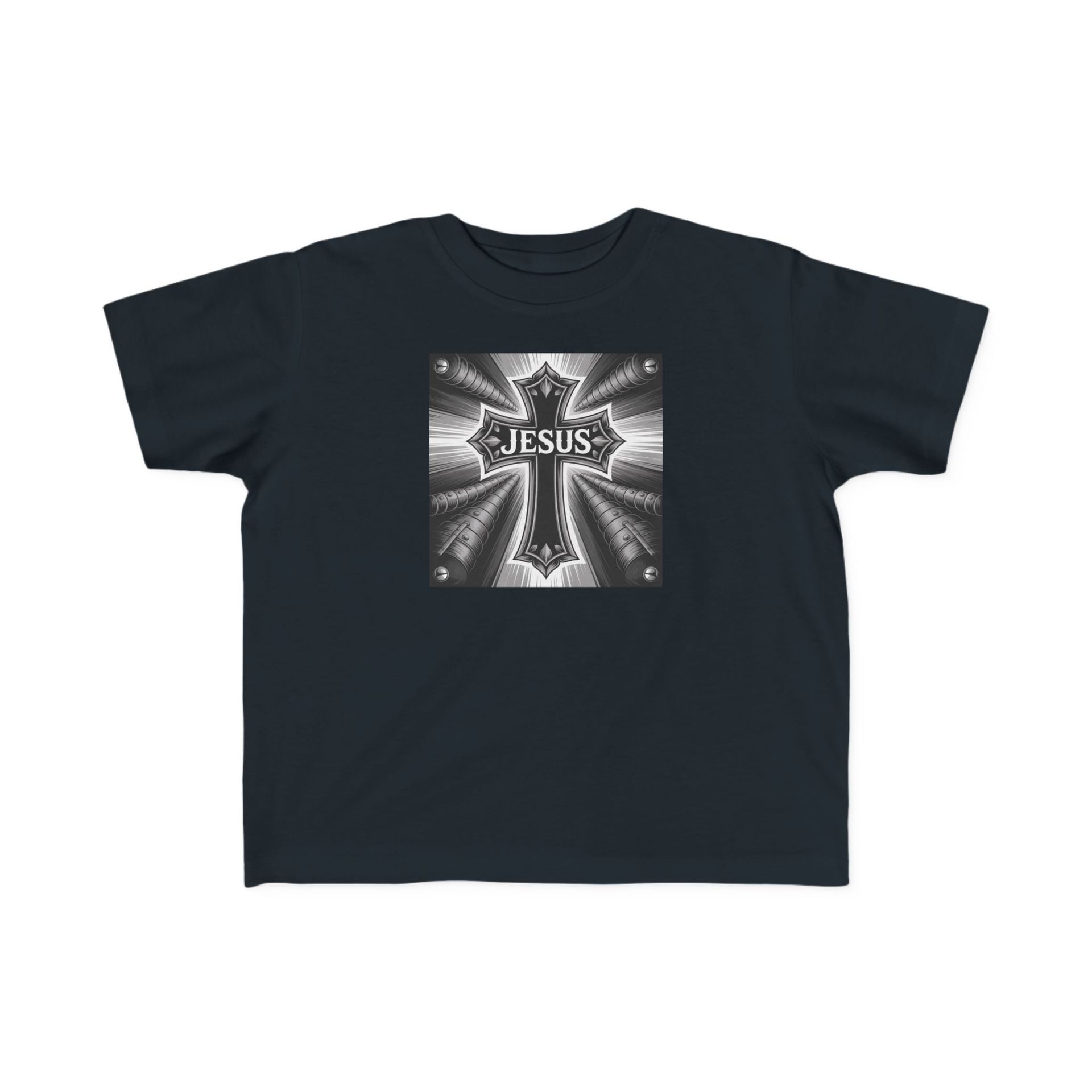 Black t-shirt with a silver cross design. The word 