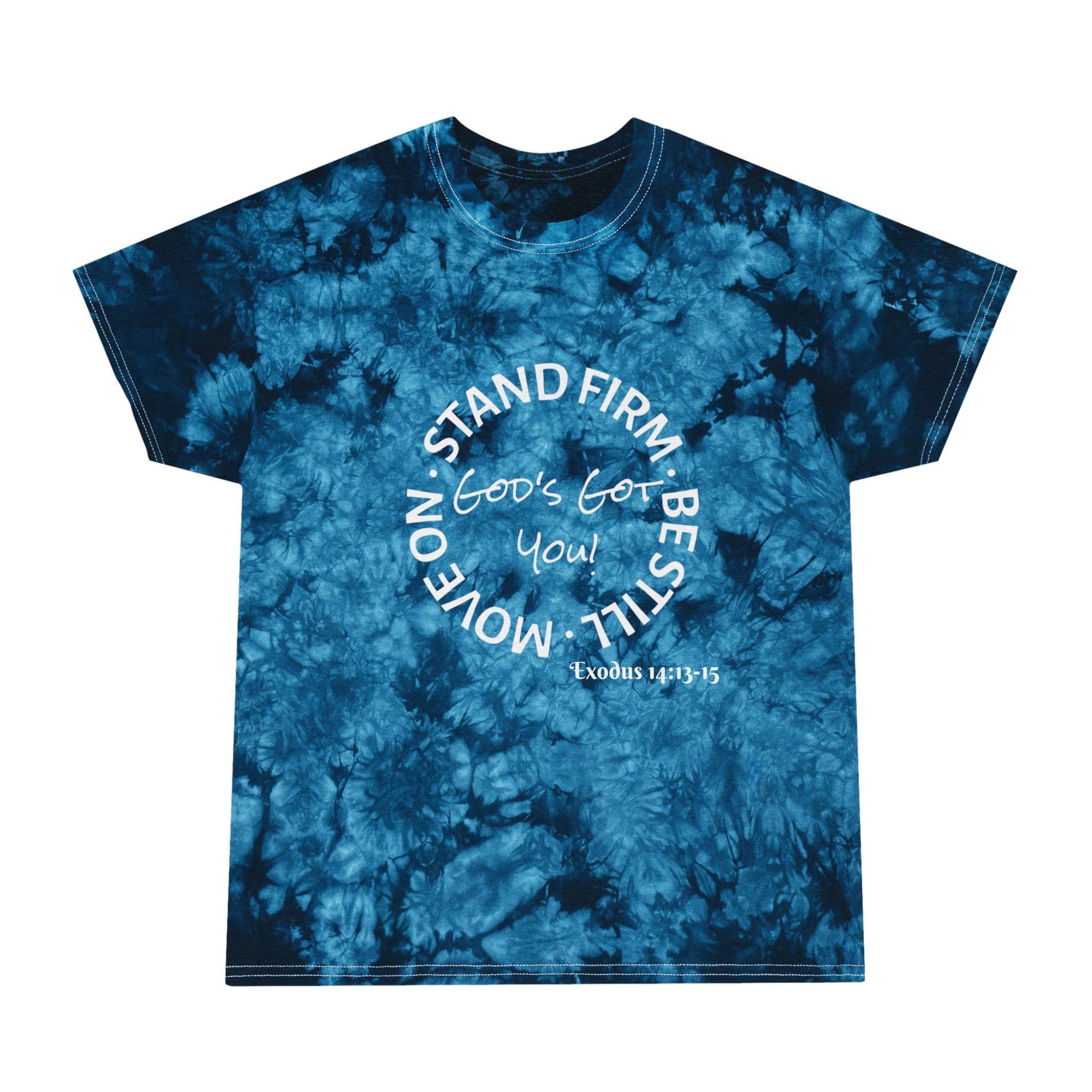 Blue tie-dye t-shirt with a circular text that reads 
