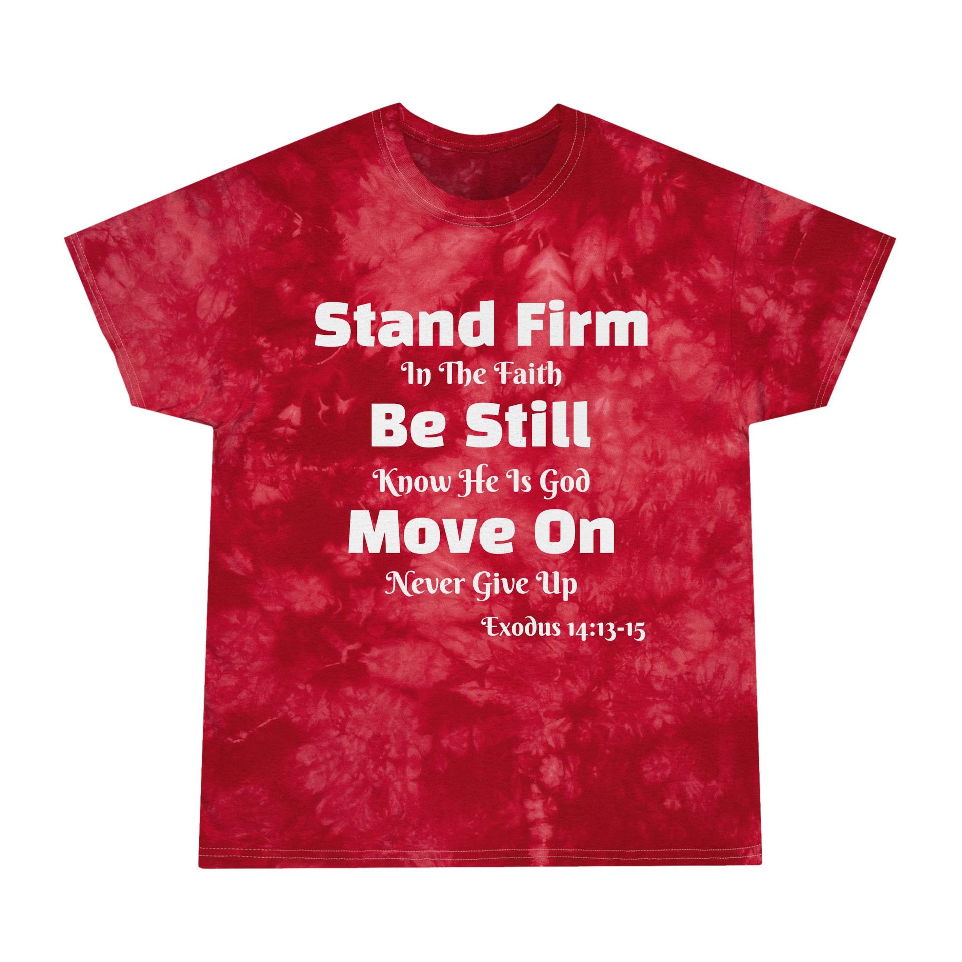 Red tie-dye t-shirt with white text: 