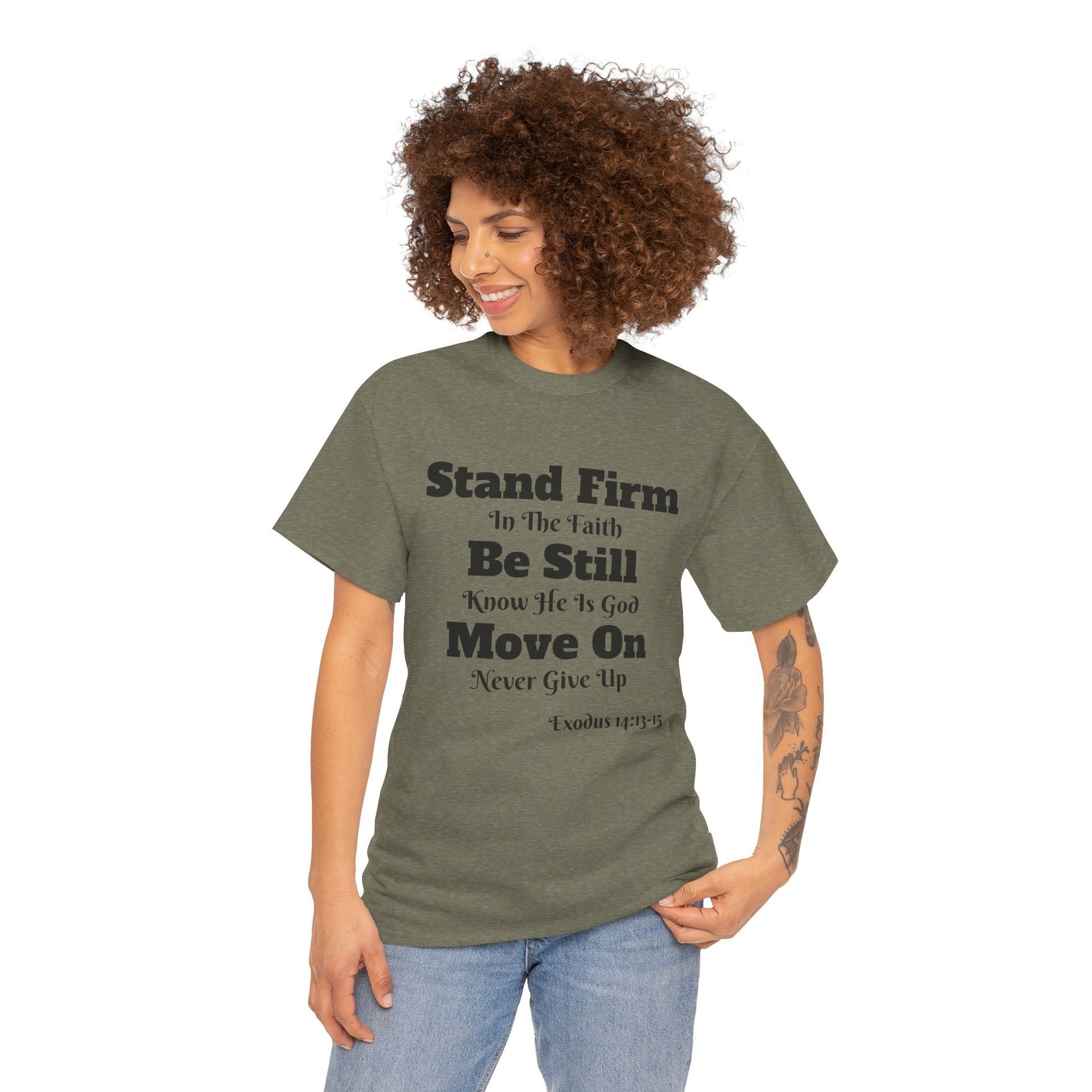 Woman wearing a teal t-shirt with inspirational text.