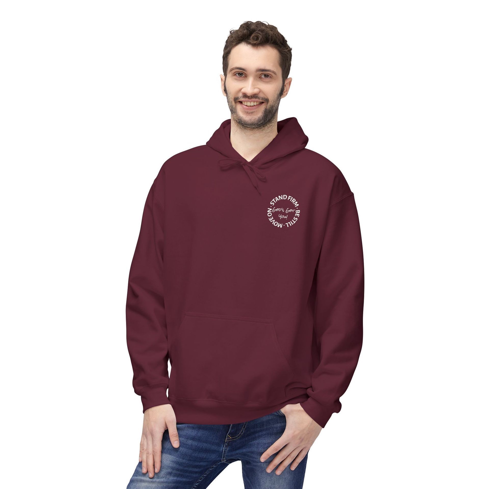 Maroon hoodie with white text:
