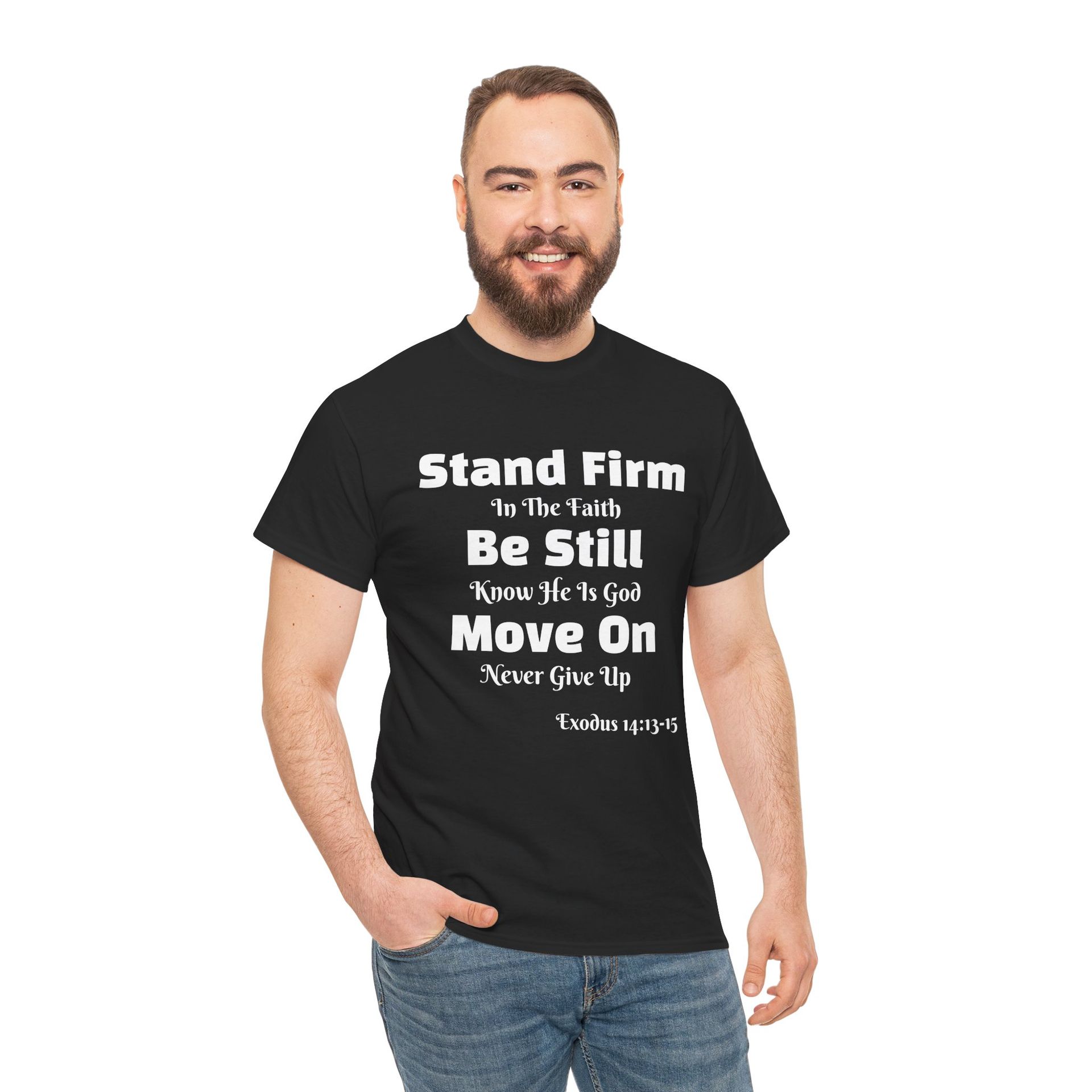Man wearing a black t-shirt with inspirational text in white.