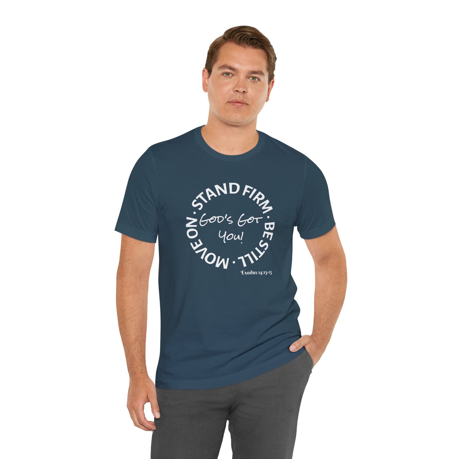 Man in a blue t-shirt with a white circular design that reads