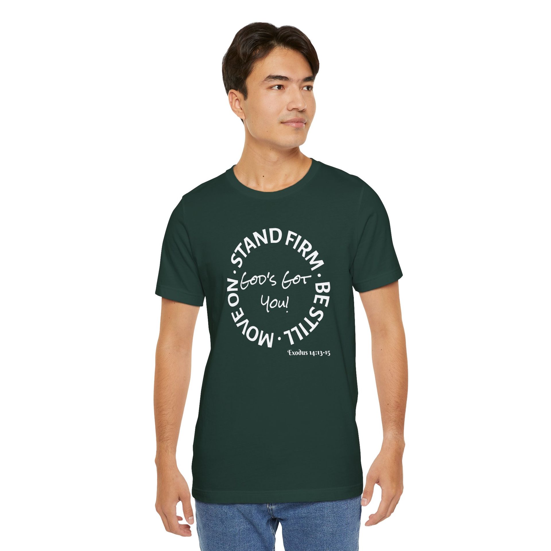Man in a blue t-shirt with a white circular design that reads