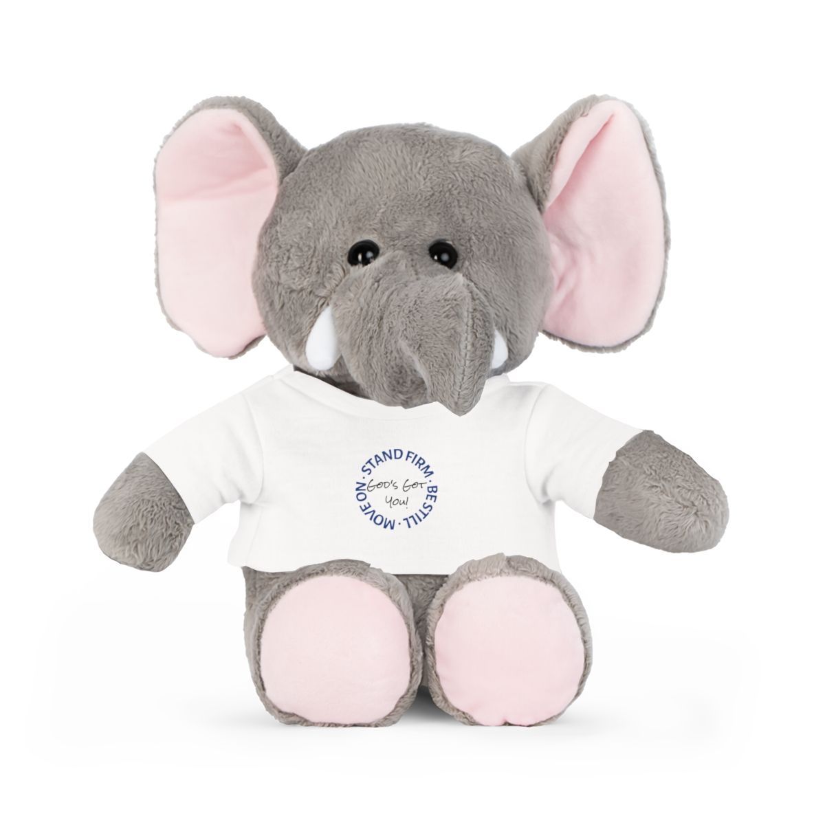 Gray plush elephant wearing a white t-shirt with a blue circular graphic.