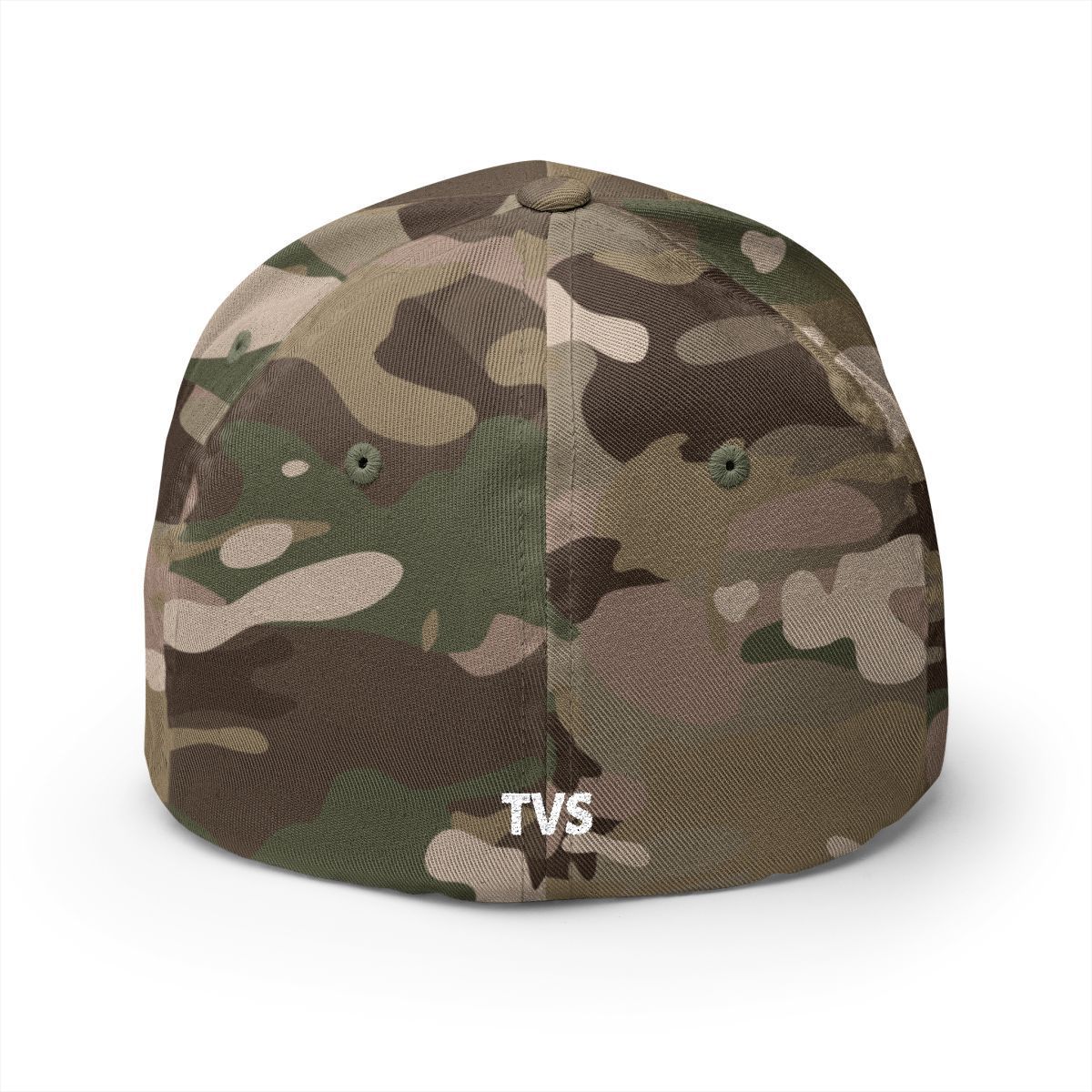 Camouflage baseball cap with white embroidered text: 