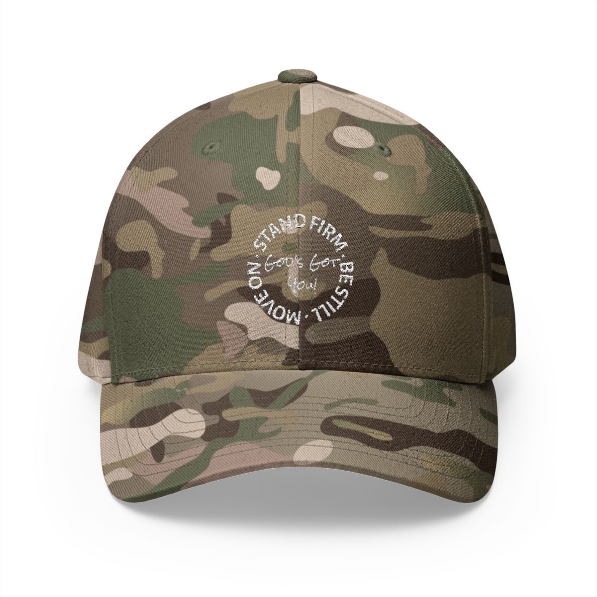 Camouflage baseball cap with white embroidered text: 