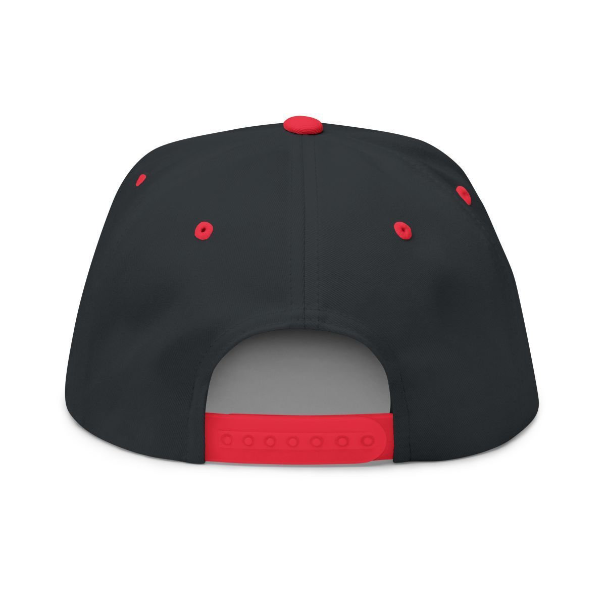 Black and red baseball cap with white text: 