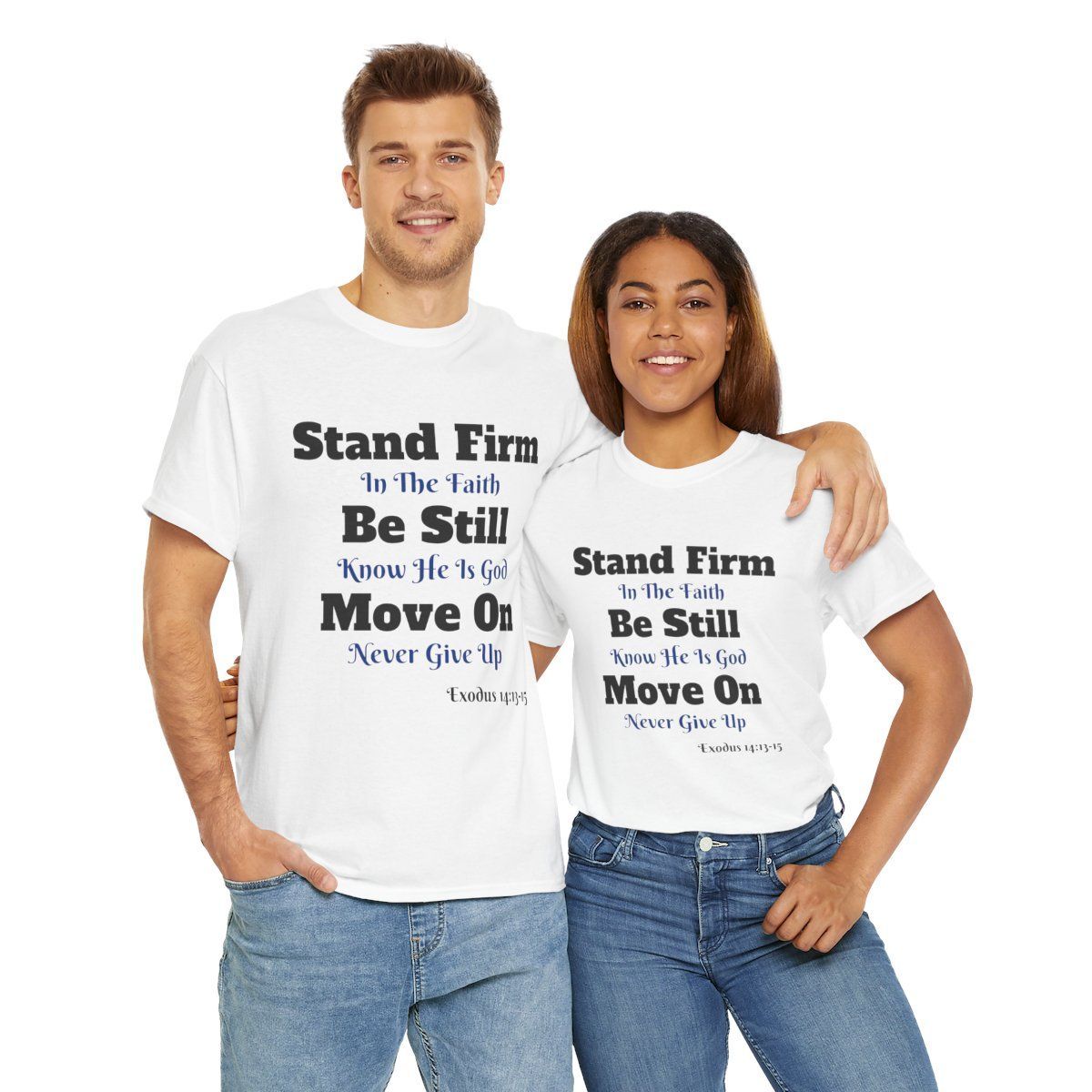 Two people wearing white t-shirts with text, standing together.