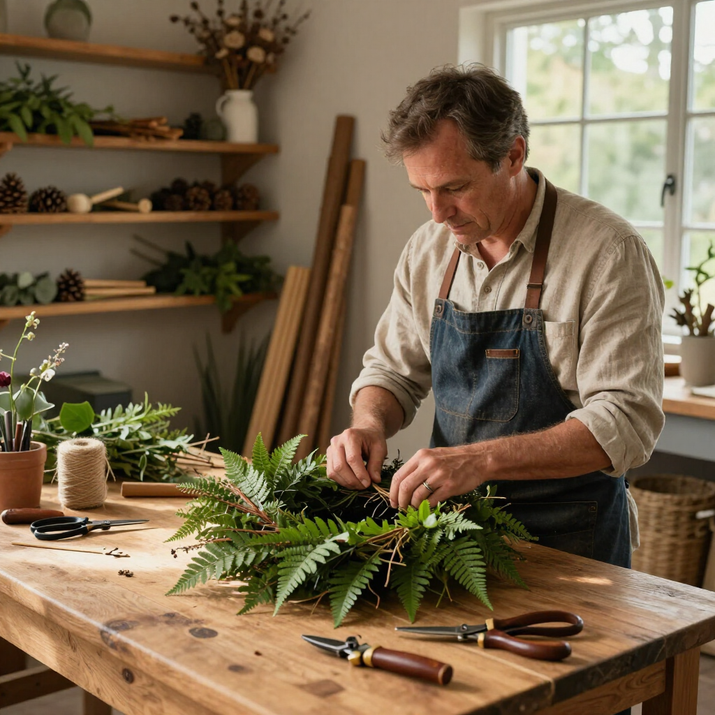 Een bloemist schikt een boeket groene varens op een houten werktafel in een lichte werkplaats.