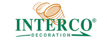 INTERCO Decoratie-logo met groene tekst en gouden swoosh-design