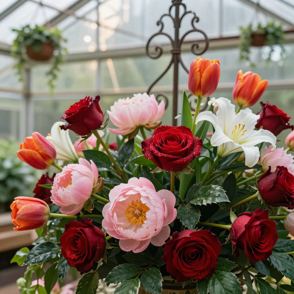Boeket rode, roze, witte en oranje rozen in een glazen kas.