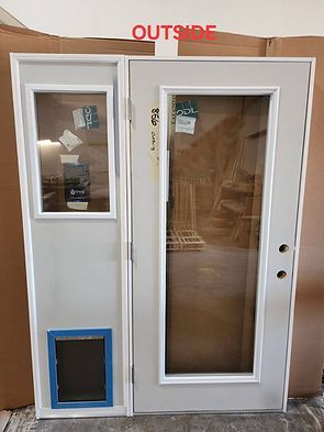 Exterior view of a white door with a window and a dog door, and a matching sidelight. The word 