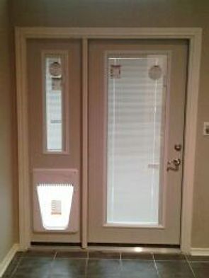 Two beige doors with windows and built-in pet door. Interior shot.
