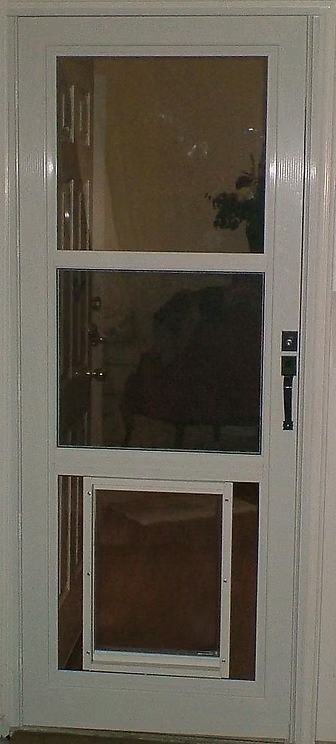White door with glass panels and a built-in pet door.