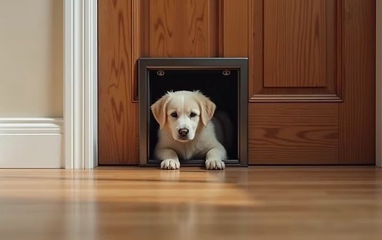 Golden retriever puppy peeking out of a dog door in a wooden door, looking curious.