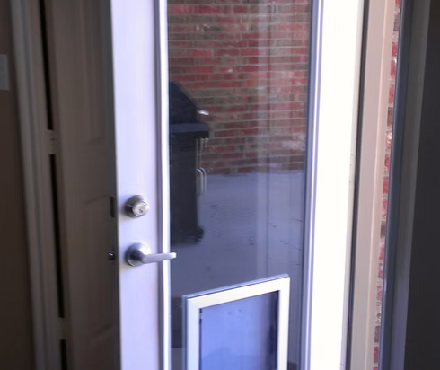 White door with dog door, glass pane, brick exterior visible.