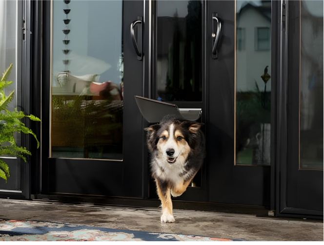 Dog exiting a dog door in a black glass door; running outside.