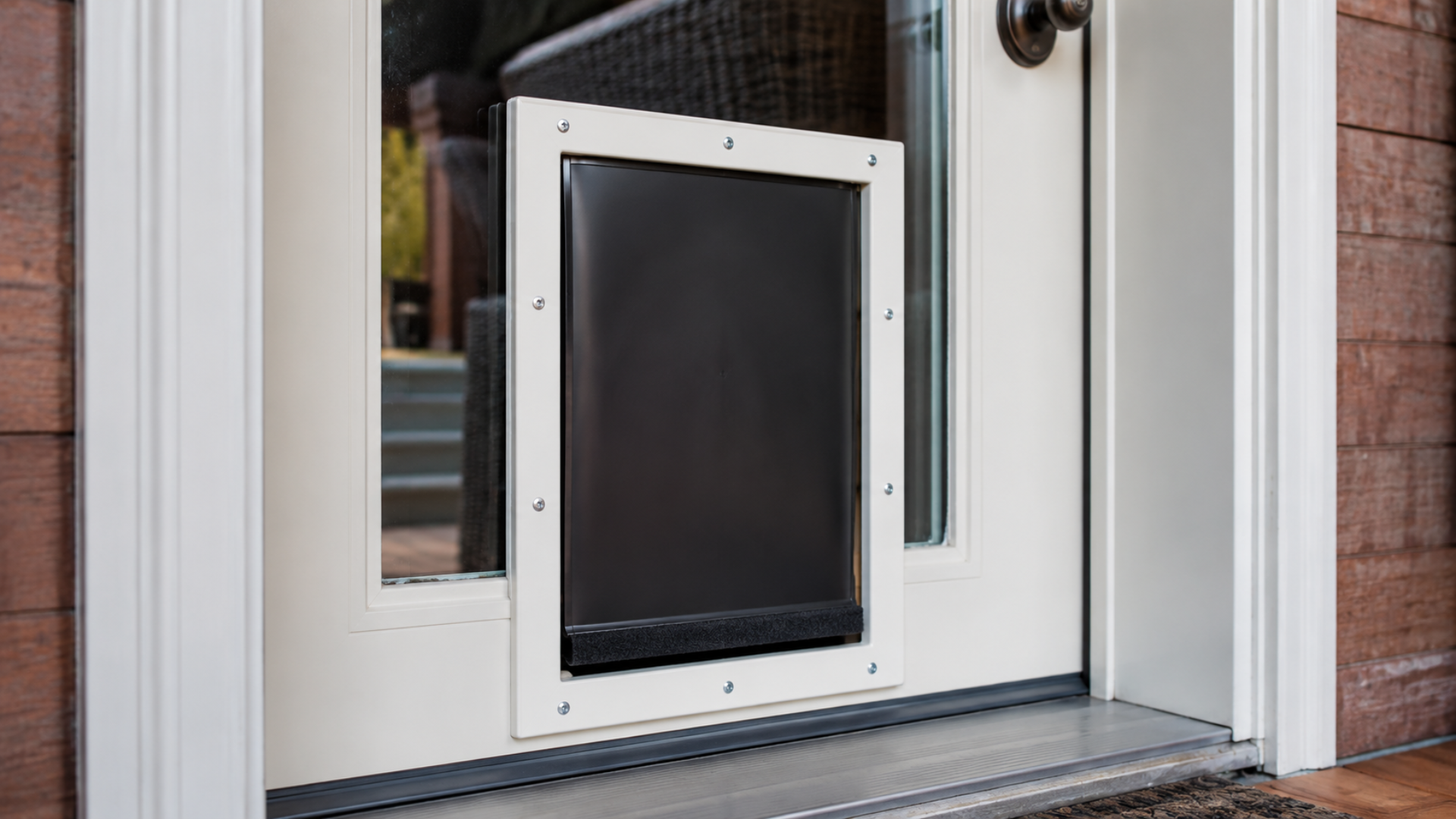 Pet door flap installed in a white exterior door with black screen inset