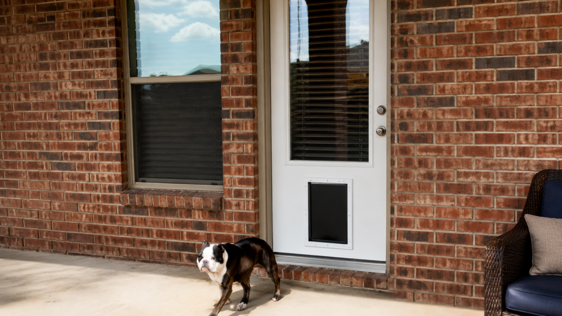 Dog standing on a patio outside a brick house next to a white door
