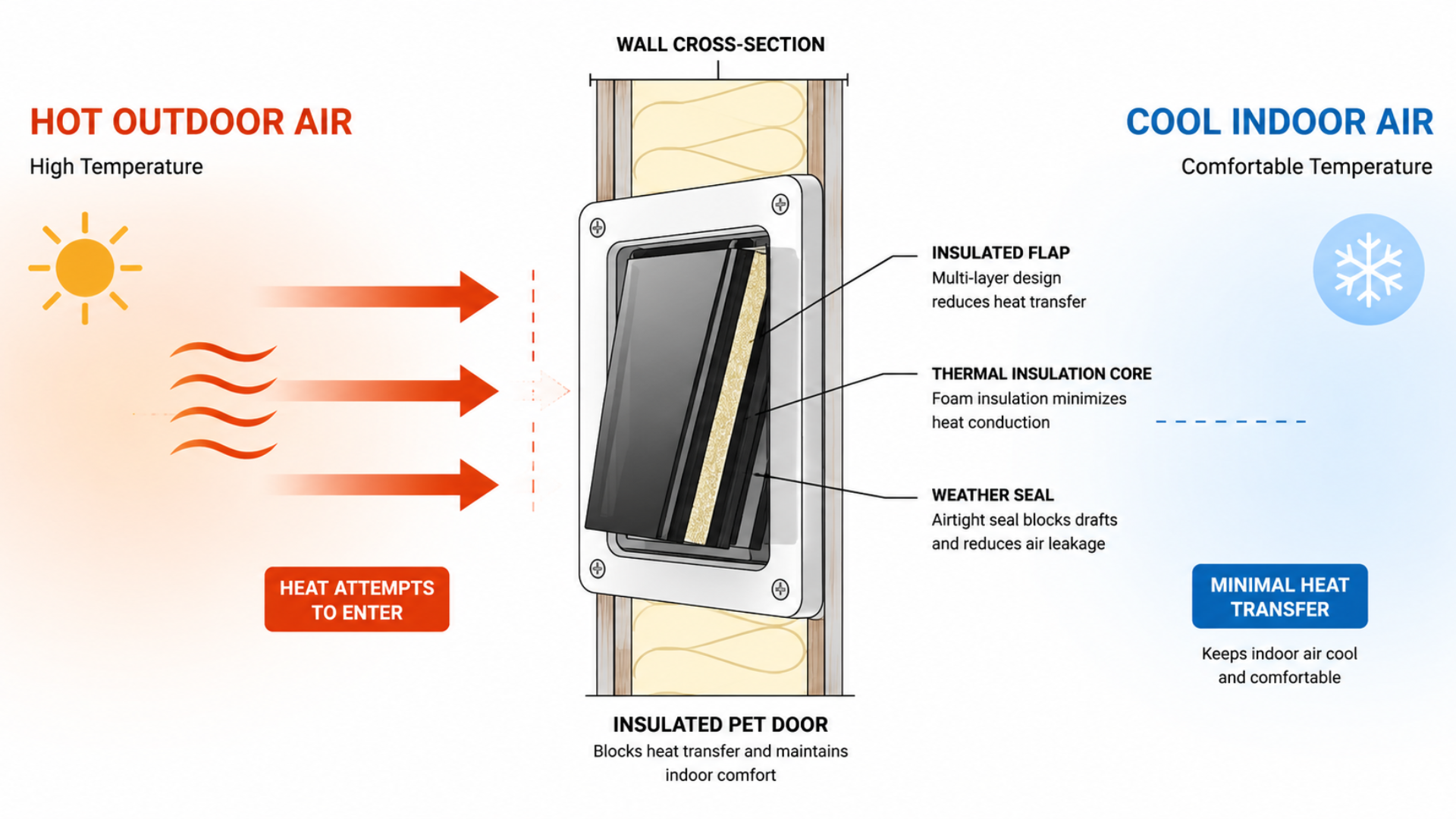 Diagram showing hot outdoor air passing through a wall vent to cool indoor air, with arrows and labels.
