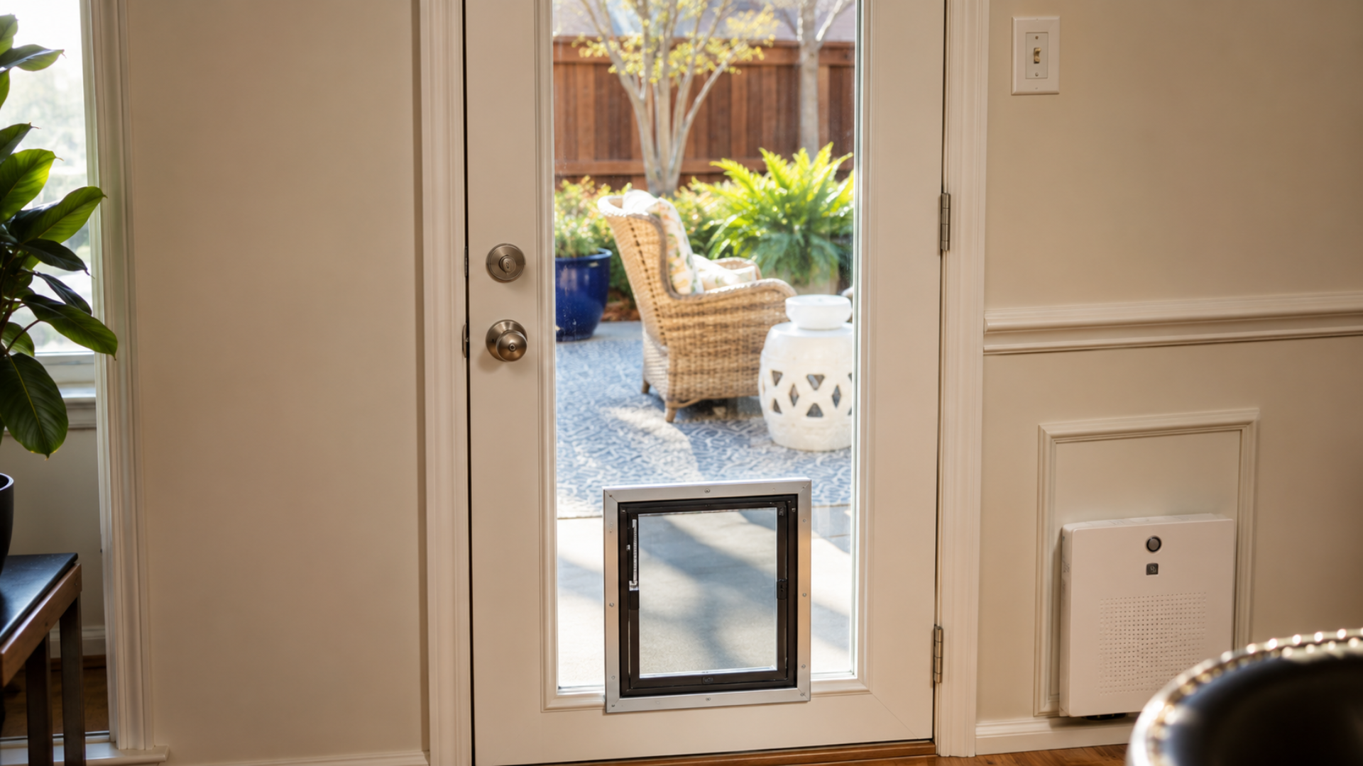 Interior view through glass door to a patio with wicker chair and potted plants; pet door at bottom.