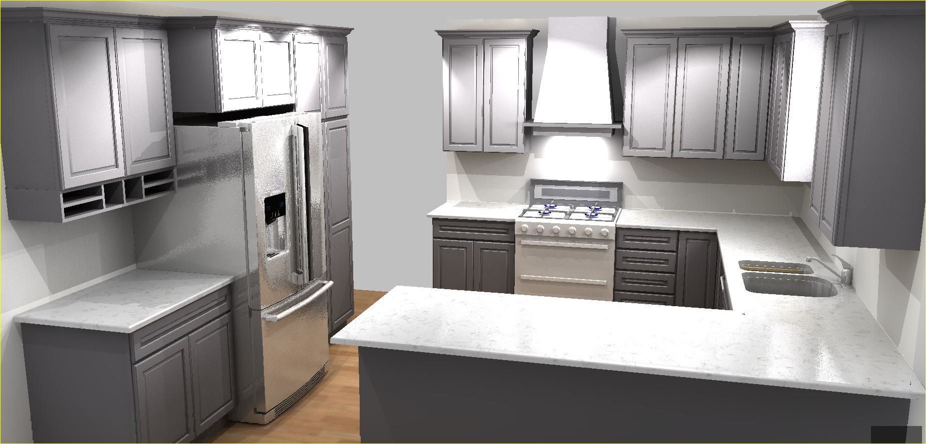 Modern gray kitchen with island, stainless steel fridge, stove, and cabinets