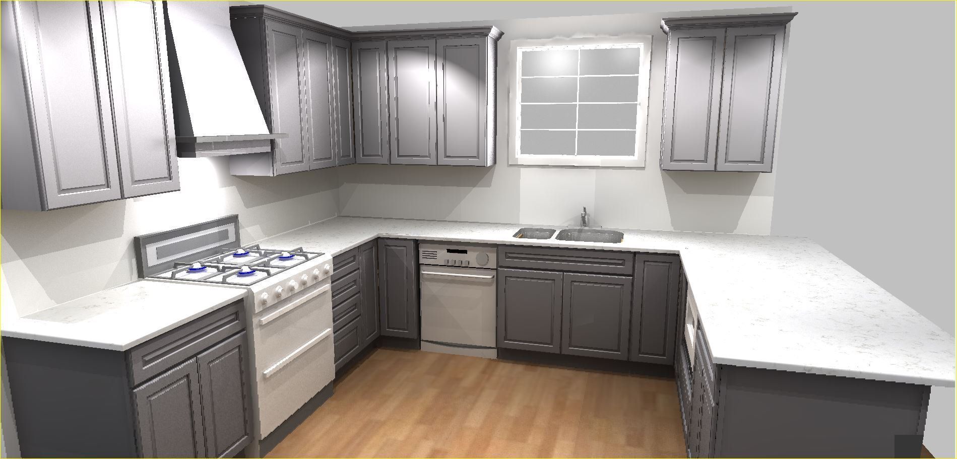 Bright kitchen with gray cabinets, white countertops, and hardwood floor, viewed from a corner.