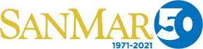 The gold SanMar logo next to a blue circle containing the white number 50 and the text 1971-2021 below.