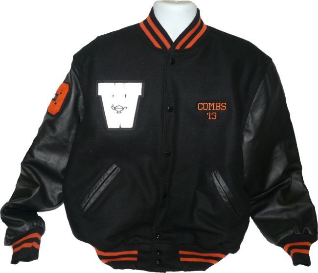 A black letterman jacket with leather sleeves, an orange and black striped collar, 