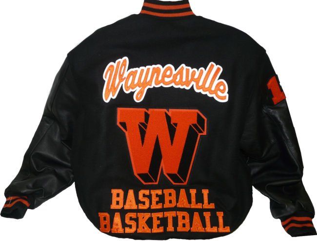A black varsity jacket with orange lettering that reads 
