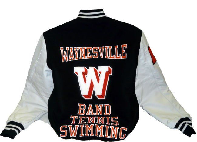 A black and white varsity jacket with 