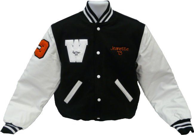 A black varsity jacket with white leather sleeves, white ribbed collar and cuffs, a white 