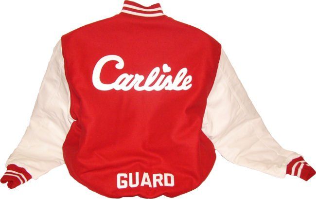 A red and white varsity jacket with 