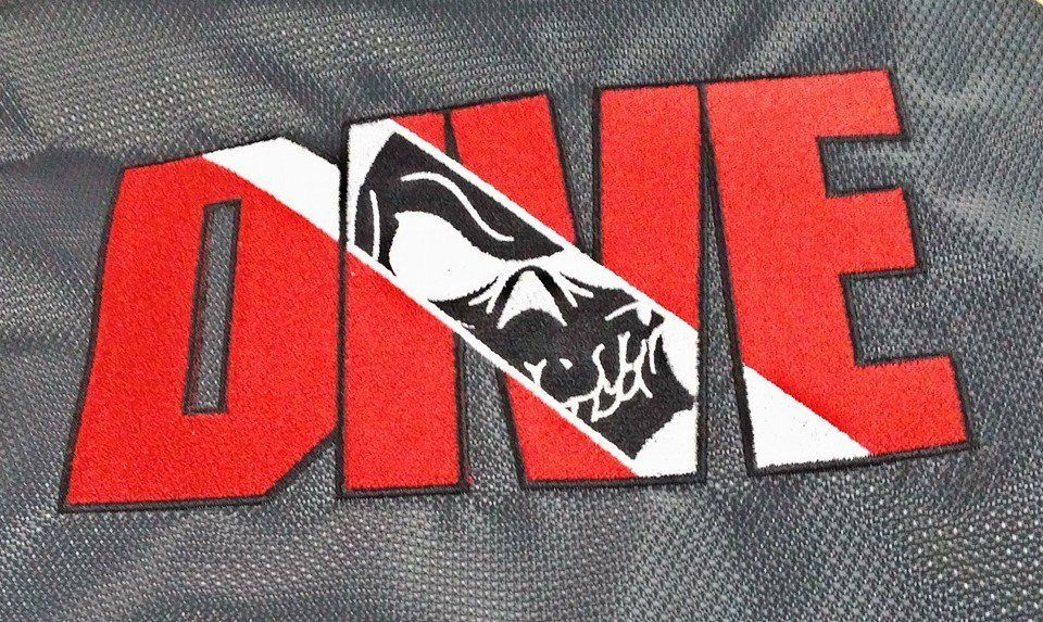 Embroidered patch on a grey mesh background featuring the word 